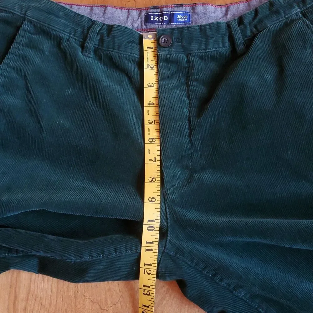 IZOD Corduroy Pants 35 x 28 (36x29 Label) Green Straight Leg Casual Chino Preppy - Picture 9 of 11